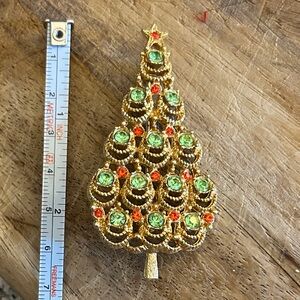 Gold Christmas Tree Brooch Pin w/green and red stones vintage antique retro
